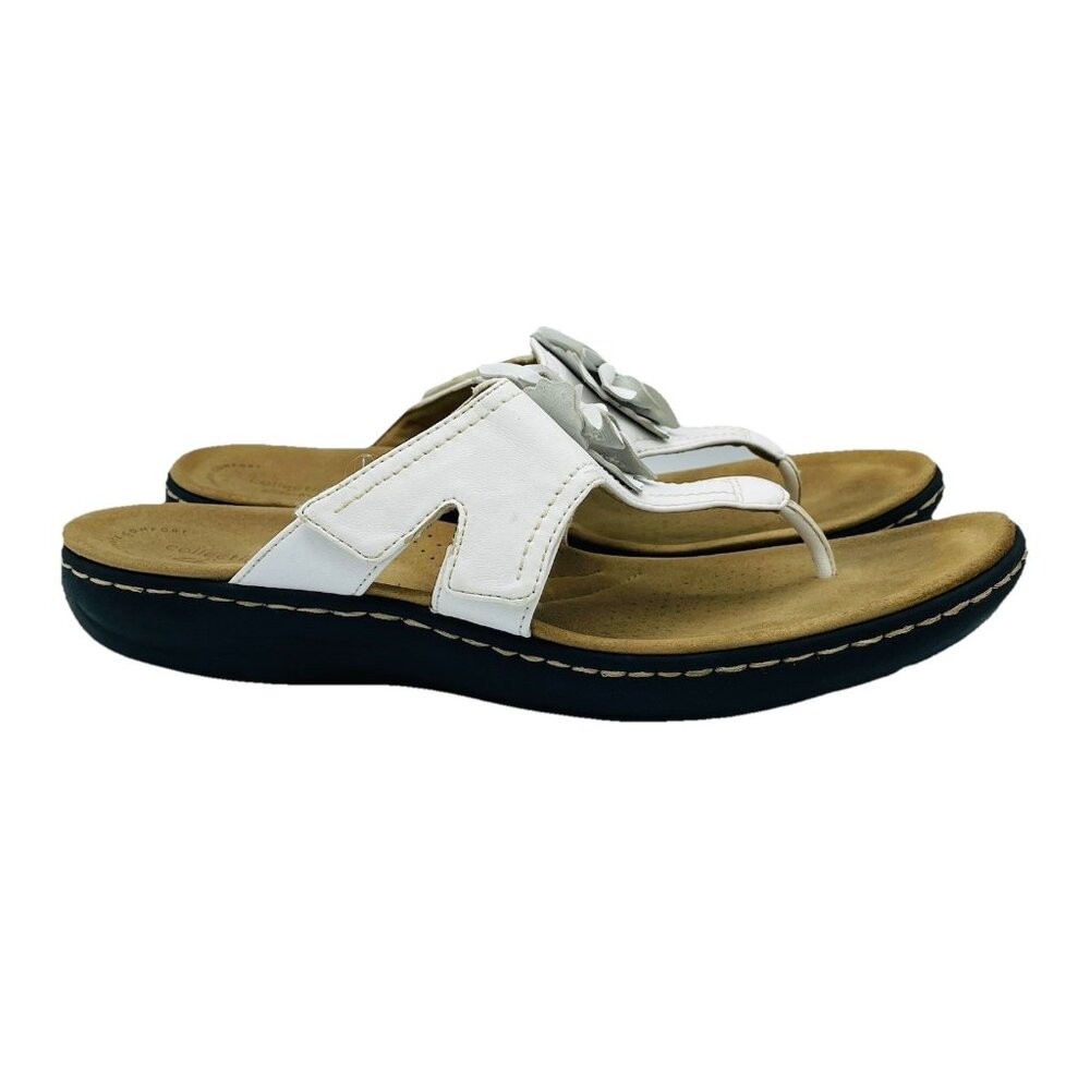 Clarks Womens Sandals Size 11 M White Flower Floral Thong Flip Flops Comfort